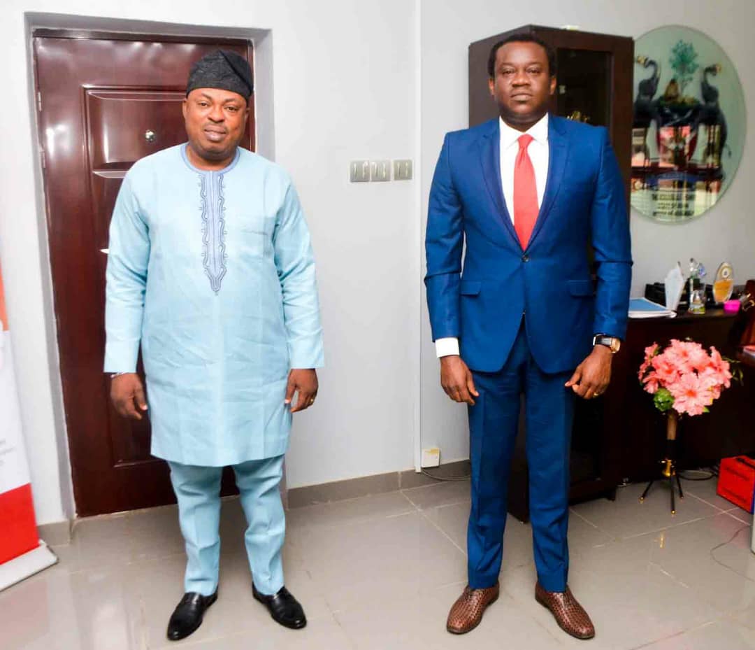 Speaker, Osun State House of Assembly, Rt. Hon. Timothy Owoeye (left) and Managing Director, Omoluabi Mortgage Bank Plc, Mr Kunle Adewole, during the latter's courtesy visit to the Speaker in Osogbo, today.